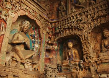 View of Buddhist carvings in one of the Yungang Grottoes